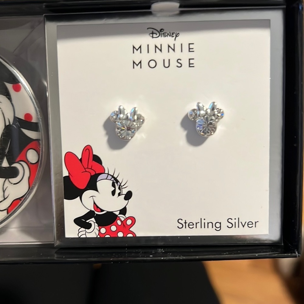 Minnie Mouse Clear Crystal Stud Earrings in Sterling Silver with Trinket Dish - Picture 3 of 6